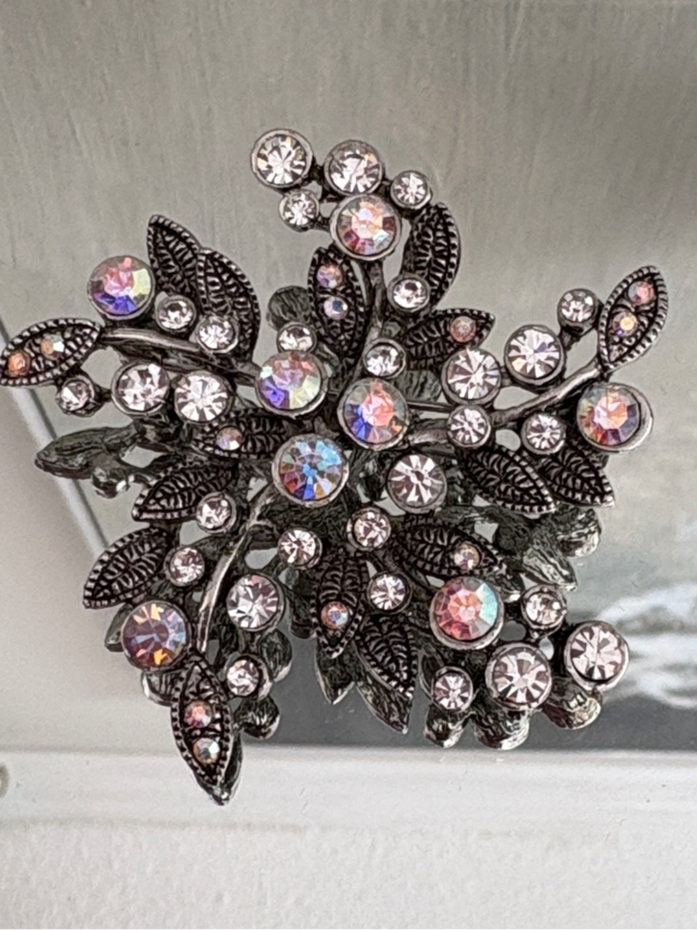 Vintage-Inspired Floral Crystal Brooch with Aurora Borealis Accents